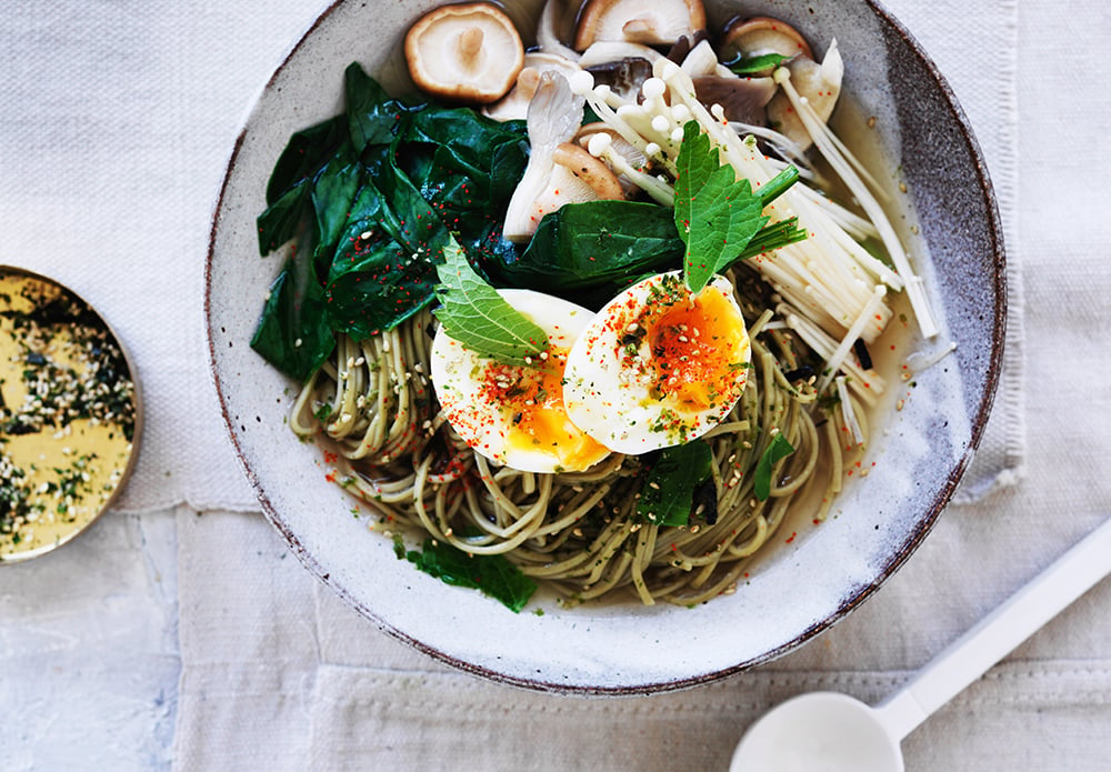Matcha Noodles with Miso broth and soft egg