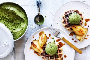 Ginger waffles with matcha ice-cream