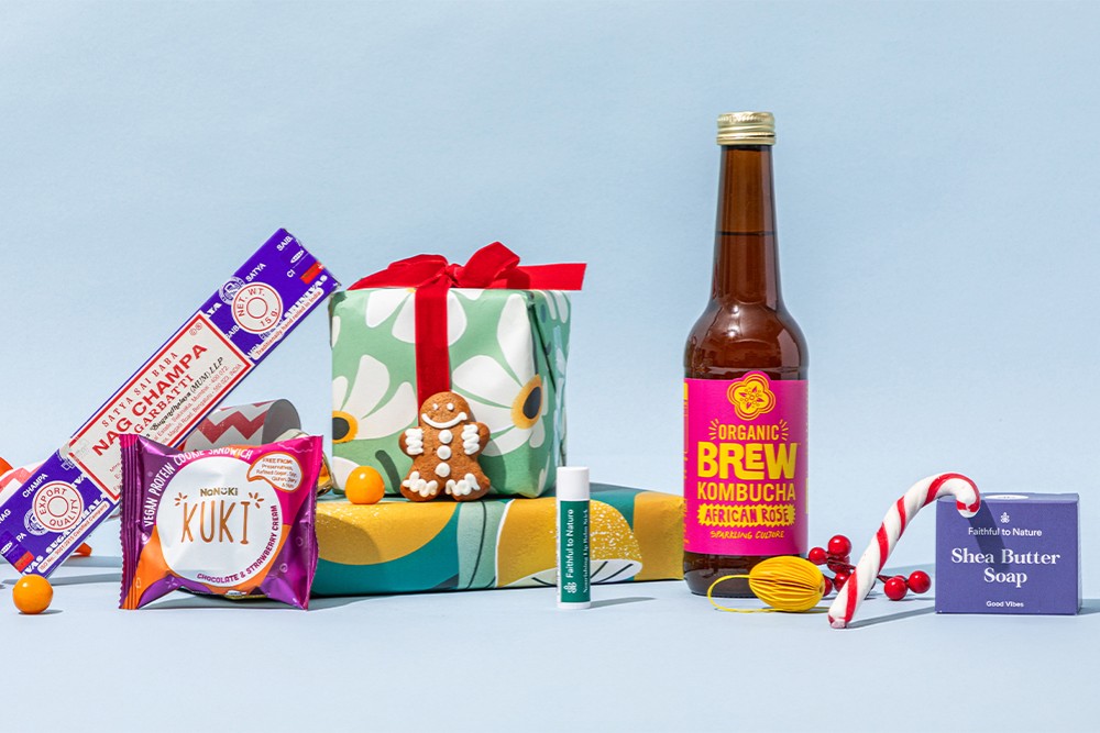 Sustainable stocking fillers under R200 with kombucha, shea butter soap, incense and wrapped gift
