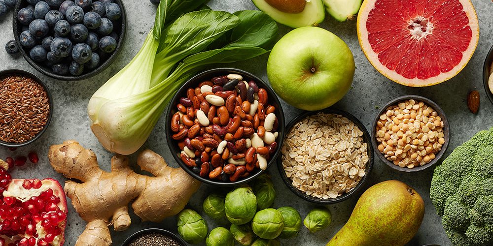 A table display of fibre-rich foods