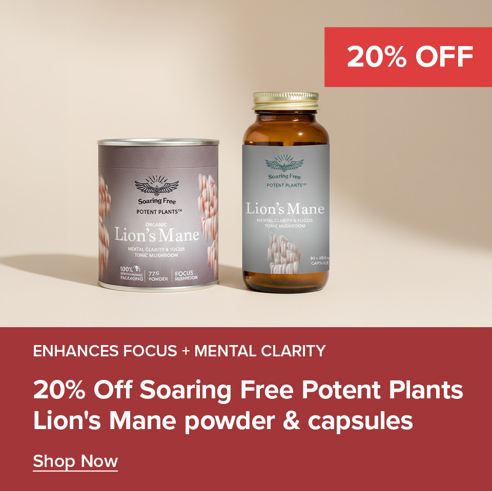 Promotional banner advertising 20% Off Soaring Free Lion's Mane Mushroom Powder & Capsules