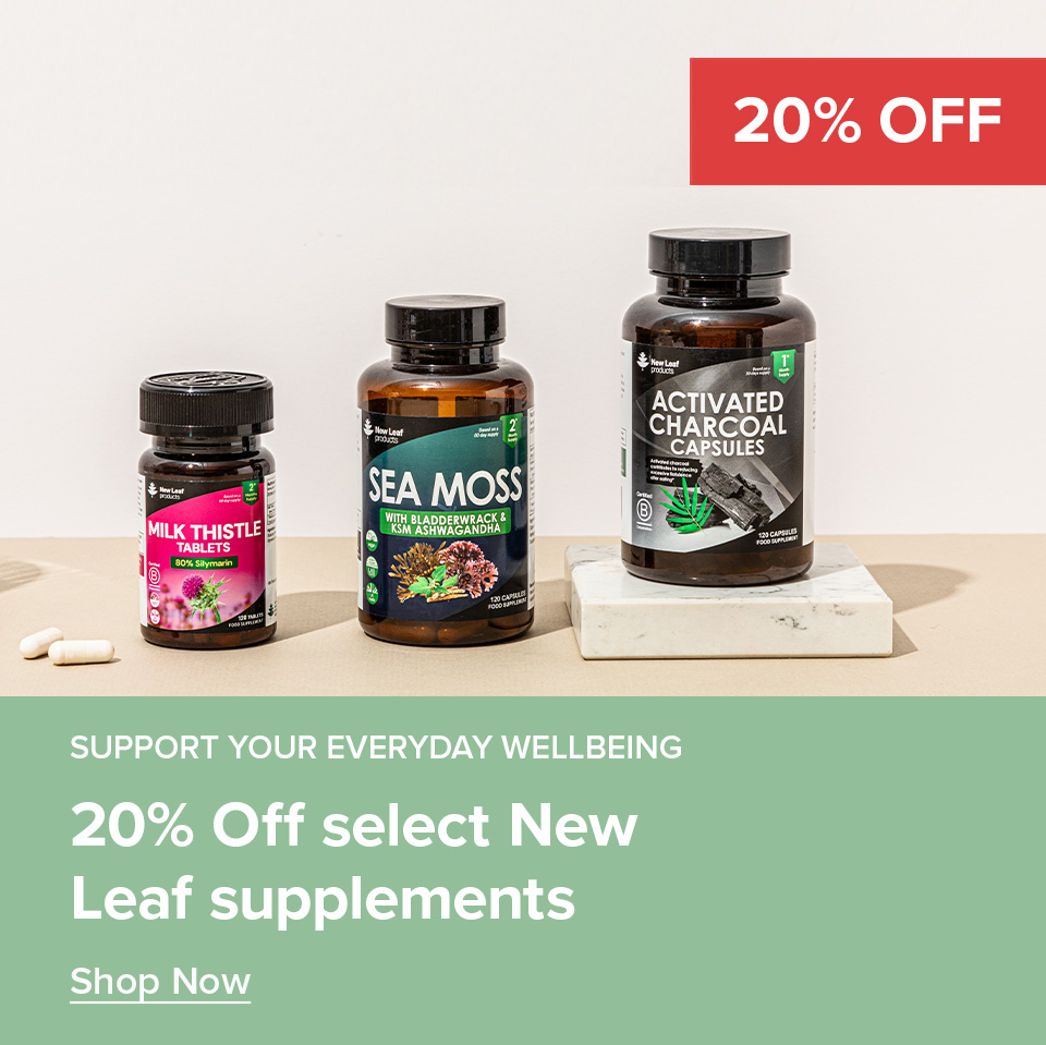 Banner promoting 20% off New Leaf supplements