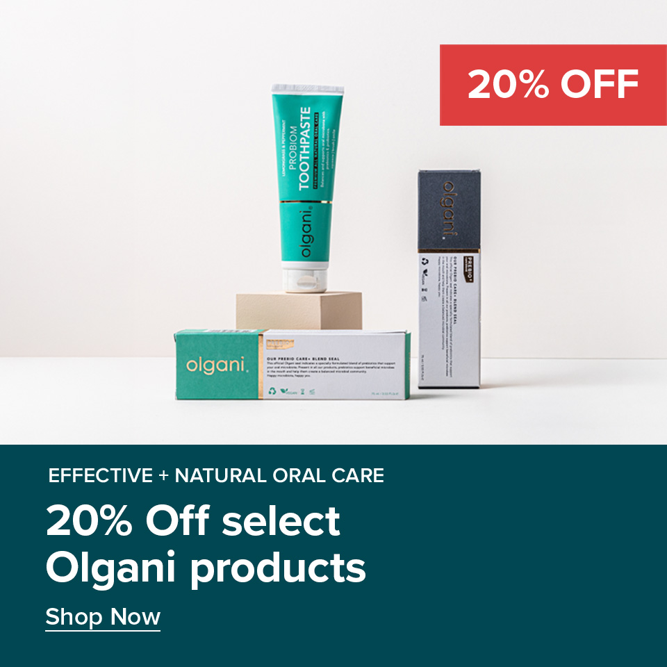 Promotional banner advertising 20% off select Olgani oral care products