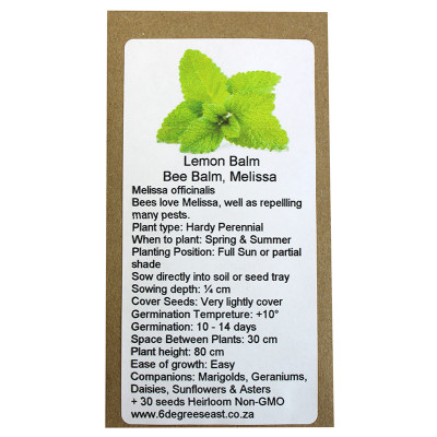 6 Degrees East Heirloom Herb Seeds - Lemon Balm - Melissa