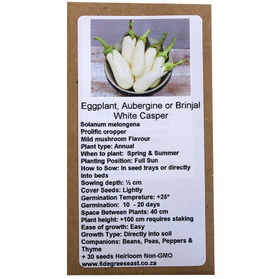 6 Degrees East Heirloom Veg Seeds - Aubergine - White Casper