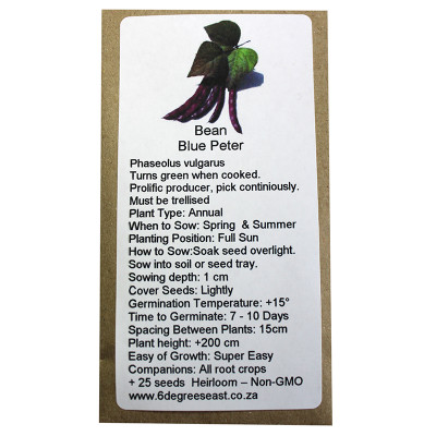 6 Degrees East Heirloom Veg Seeds - Bean - Blue Peter - Pole beans