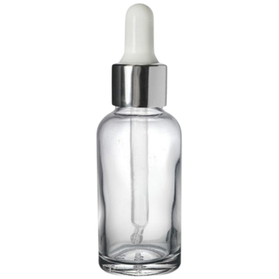 Essentially Natural Clear Glass Bottle with Pipette White & Silver Collar 