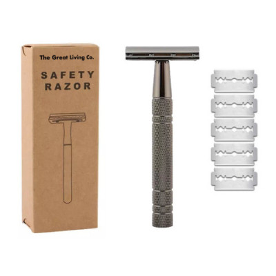 The Great Living Co Premium Double Edge Safety Razor Plus Blades - Gun Metal Grey