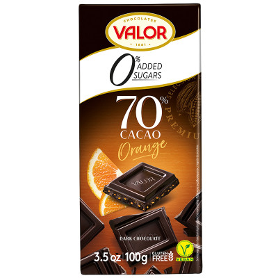 VALOR 70% Dark Orange Chocolate 0% added Sugar