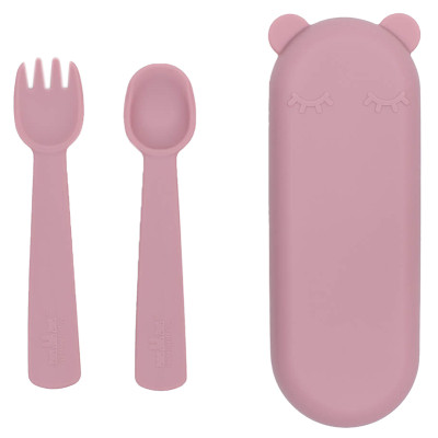 We Might Be Tiny Baby Fork + Spoon Set with Travel Case - Dusty Rose 