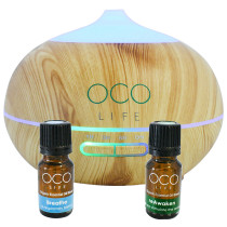 Oco Life Zen Light Wood Grain Ultrasonic Diffuser With Reawaken 10ml & Breathe 10ml